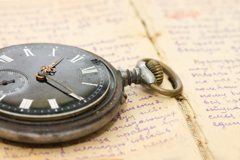 Vintage pocket watch resting on a handwritten notebook page